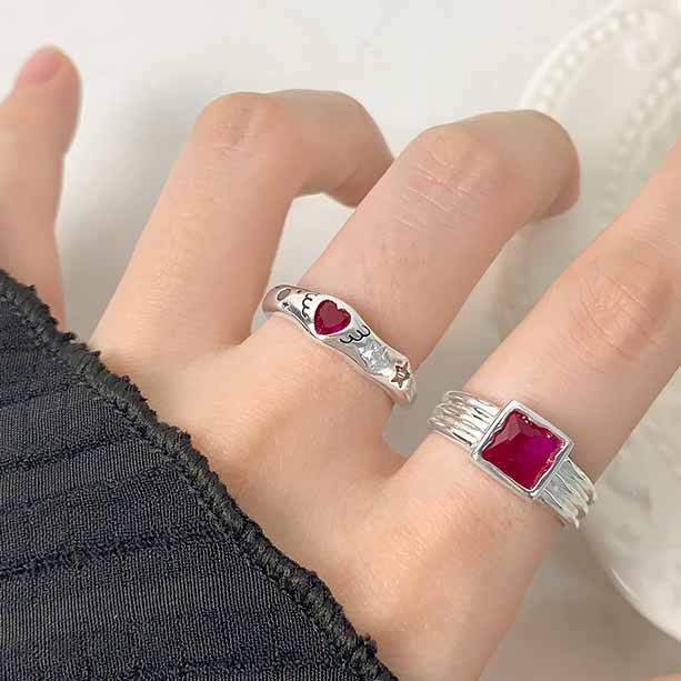 Elegant Red Sqaure CZ Geometry 925 Sterling Silver Adjustable Ring