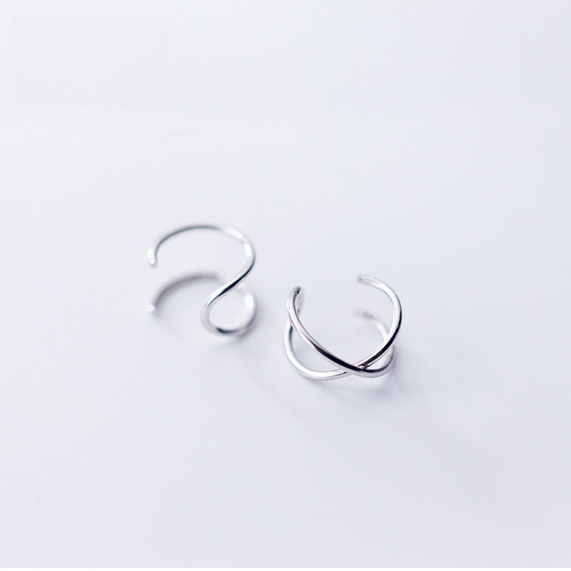 925 Sterling Silver Cross Double Layer Earrings Geometric Line Non Pierced Clip On Ear Cuff