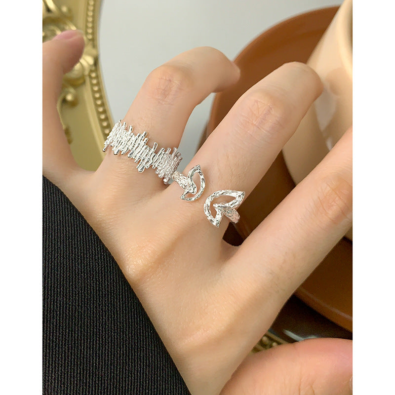 Unique Geometric Textured Wood Grain Pattern Adjustable 925 Sterling Silver Ring