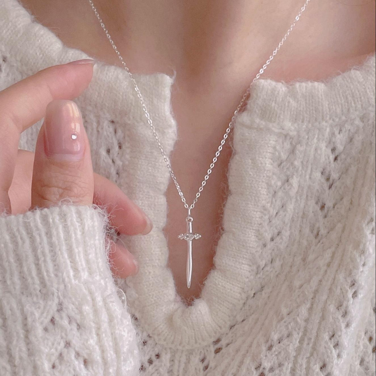 Fashion CZ Cross Sword 925 Sterling Silver Necklace