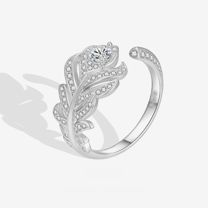 Elegant Peacock Feather Design Cubic Zirconia 925 Sterling Silver Adjustable Ring