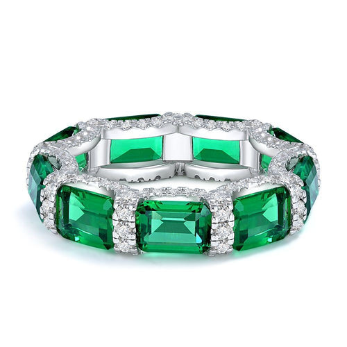 Anillo de Plata Esterlina 925 de Circonia Sintética Esmeralda Verde Corte Esmeralda de Eternidad de Círculo Completo