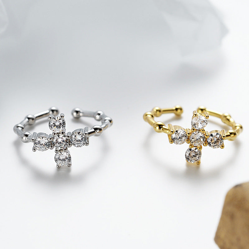 Adjustable Geometric Cross Design Cubic Zirconia 925 Sterling Silver Open Ring for Women in White Gold and Yellow Gold, Korean Style INS Fashion Versatile Elegant Jewelry 2025 New