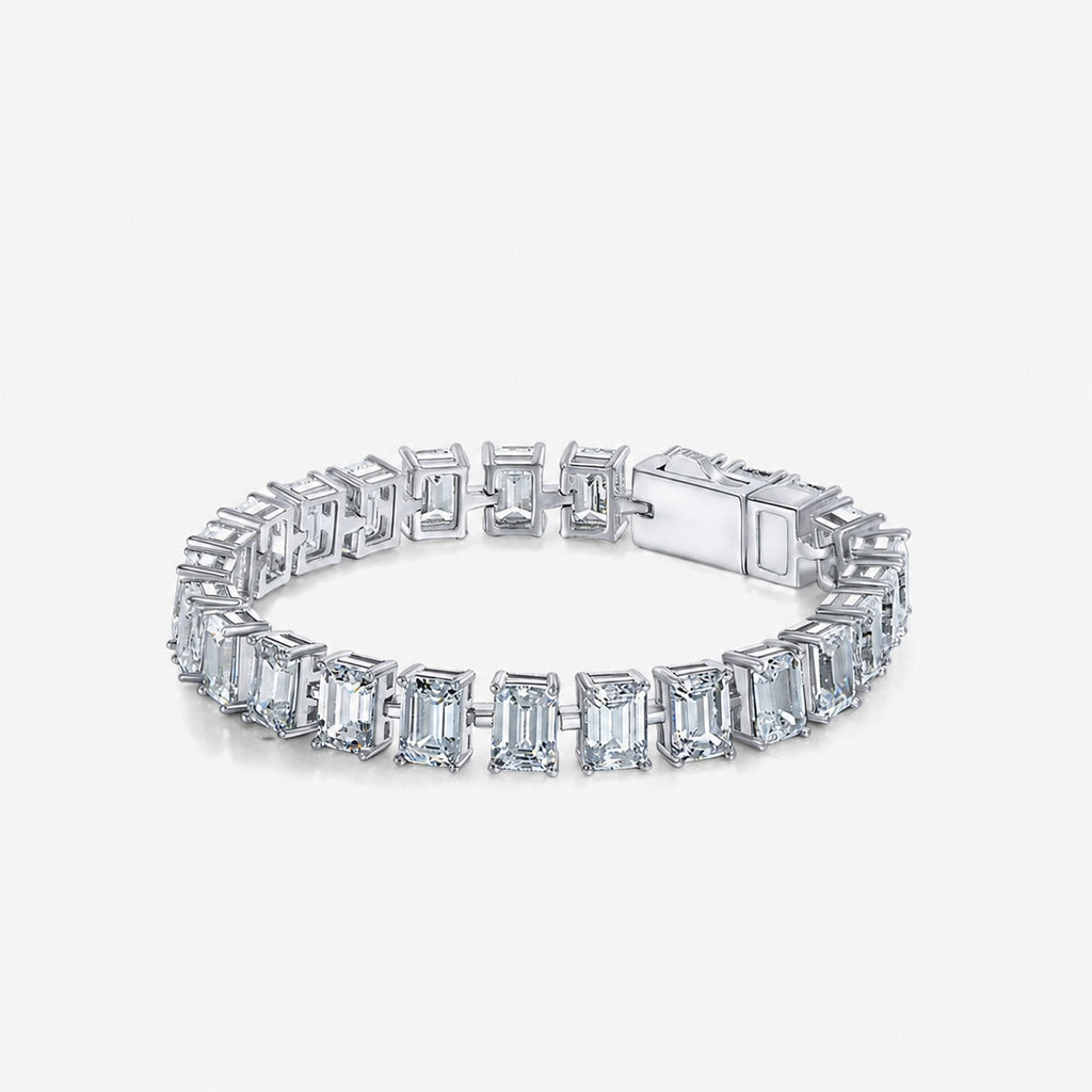 Pulsera de tenis de plata S925 con diamante de alto carbono corte esmeralda claro, piedras rectangulares de 5 mm x 7 mm, pulsera de línea elegante y clásica de moda con cierre de caja, regalo para boda, fiesta o aniversario