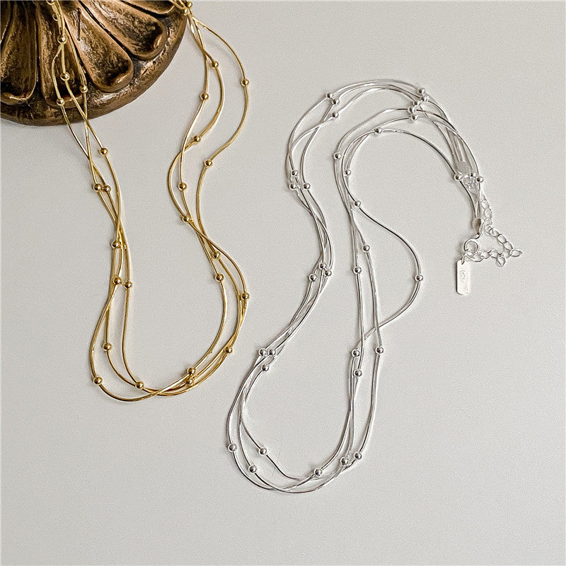 Three Layer Snake Chain Round Bead S925 Sterling Silver Necklace