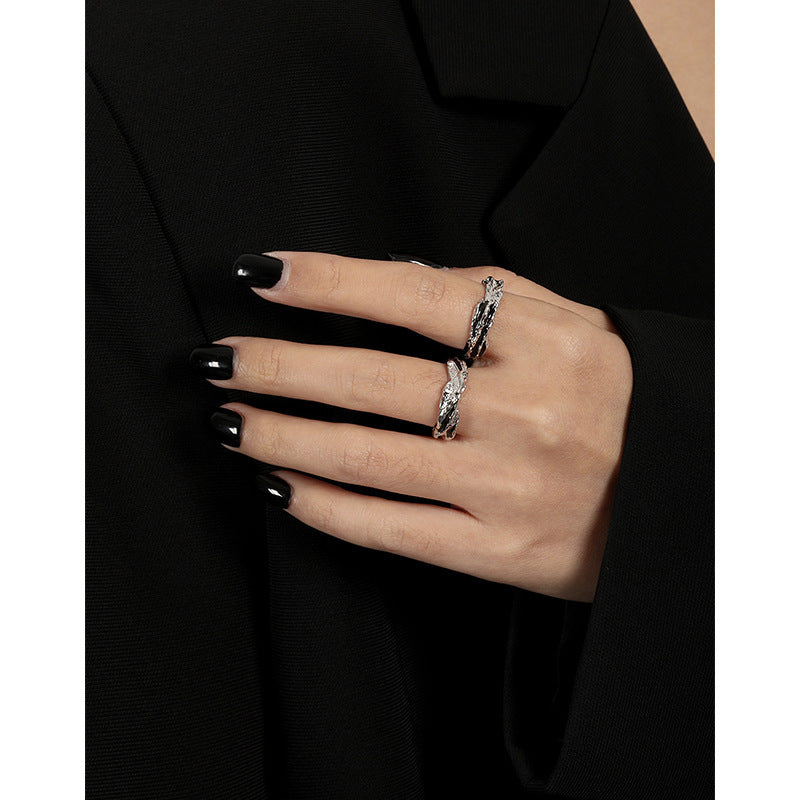 Irregular Textured Geometric Teal And Black Enamel Pure Metal 925 Sterling Silver Adjustable Open Ring
