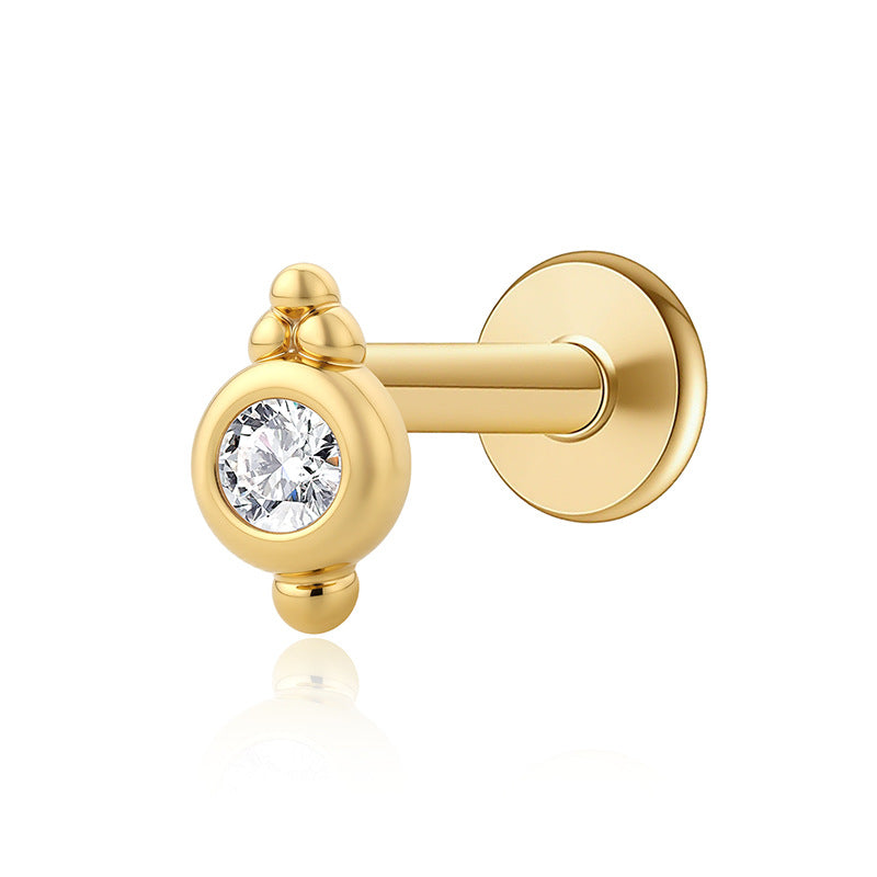 Geometric Round Cubic Zirconia Flat Back Ear Stud Zirconia 925 Sterling Silver Threaded Cartilage Piercing Stud Earring (Single)