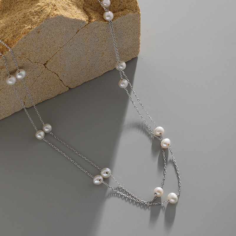 Collar de cadena geométrica de plata esterlina S925 con perlas de agua dulce de doble capa