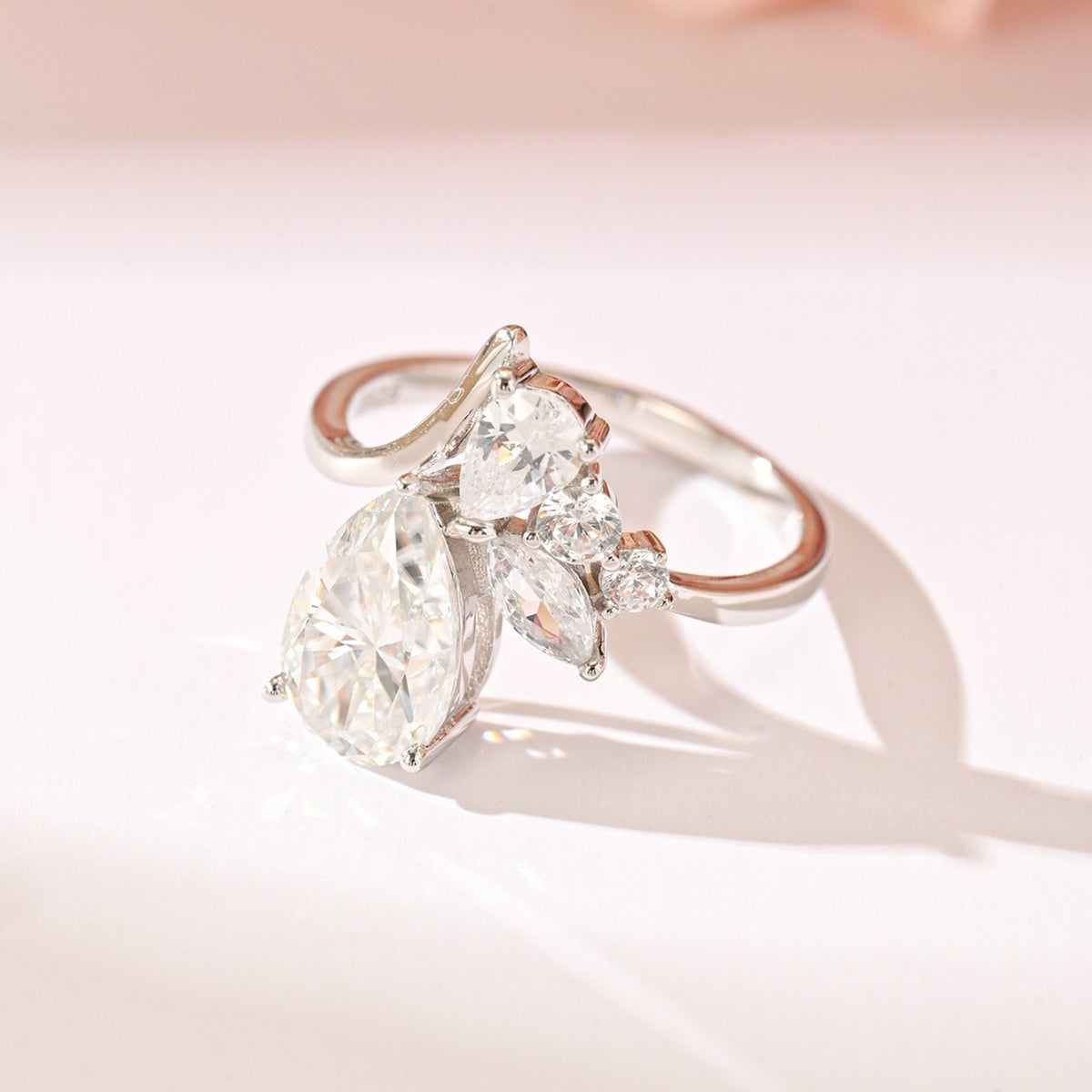 Moissanite Teardrop Centre Stone With Marquise-Cut Side Stones 925 Sterling Silver Ring