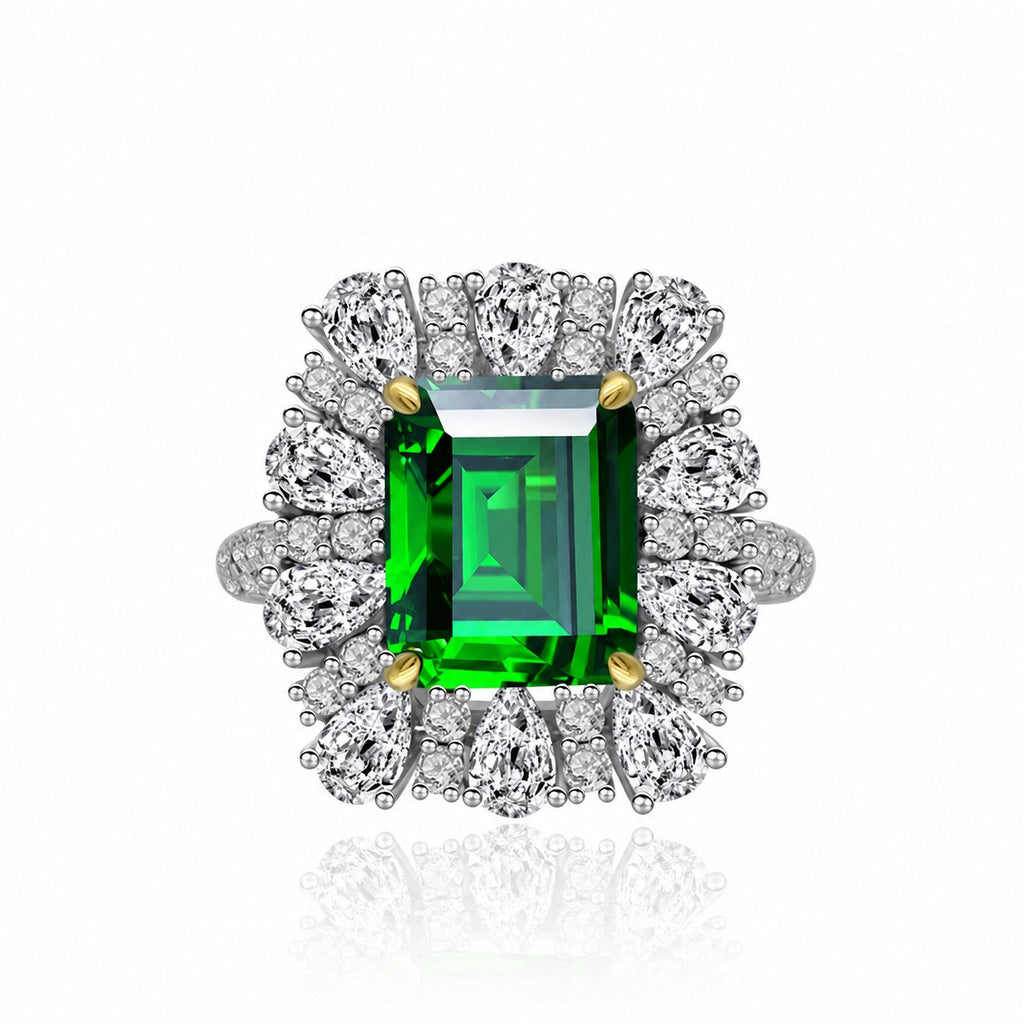 Anillo de plata S925 con corona halo de circonia esmeralda sintética cortada en esmeralda verde