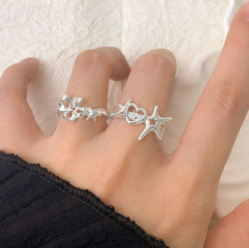 Office Irregular Hollow Heart Star 925 Sterling Silver Adjustable Ring