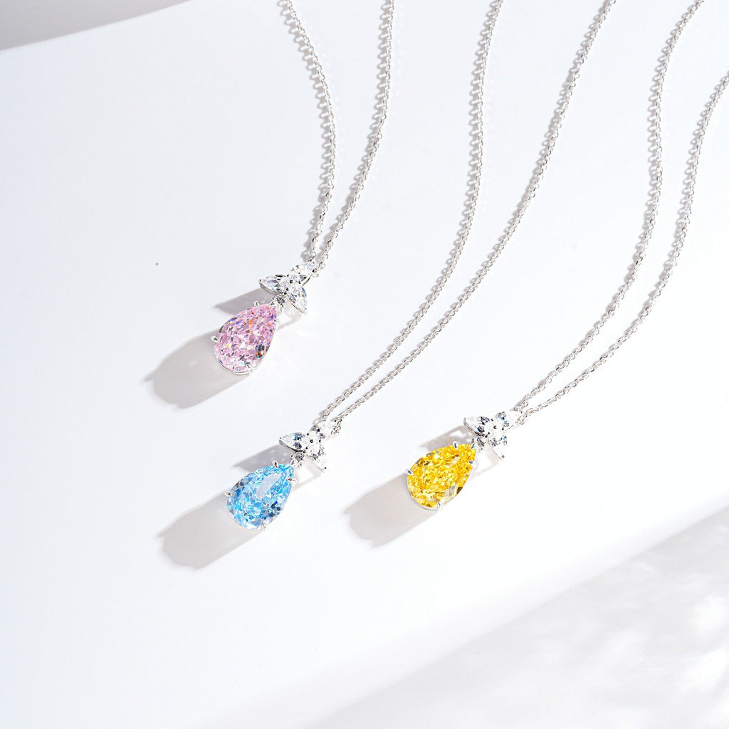 Elegant Teardrop Cubic Zirconia Pendant Necklace with 925 Sterling Silver Chain for Women Fashion Jewelry in Pink Blue and Yellow Variants