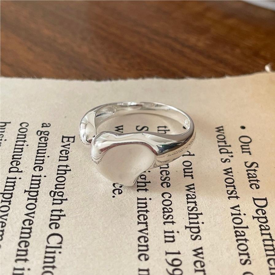 Geometric Heart Shape 925 Sterling Silver Adjustable Ring Elegant Korean Style Fashion Jewelry for Women Anniversary Birthday Gift