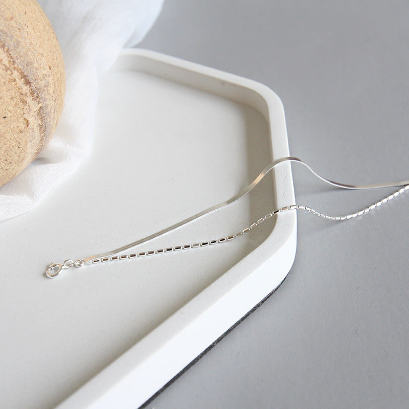 Minimalist Double Layer Snake Chain and Box Chain 925 Sterling Silver Bracelet