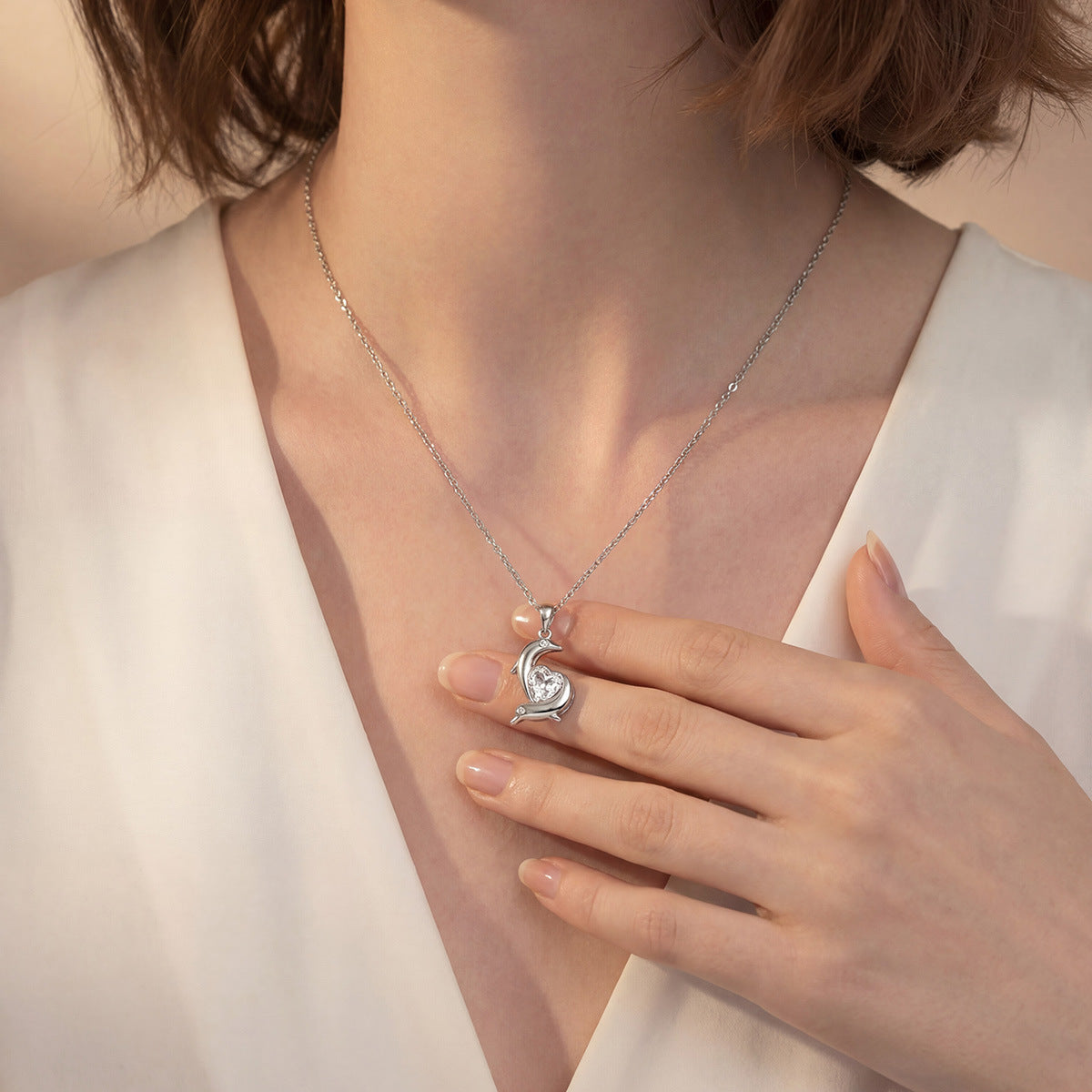 Dolphin Embrace Heart Shaped Moissanite S925 Sterling Silver Pendant Necklace