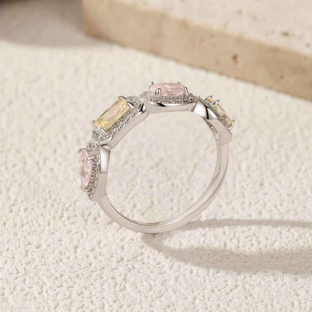 Elegant Geometric Design Multi-Color Cubic Zirconia 925 Sterling Silver Fashion Ring for Women with Yellow and Pink Stones in Contemporary Style