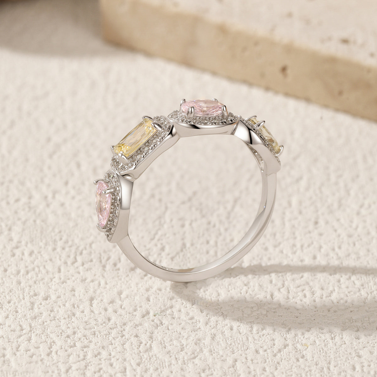 Elegant Geometric Design Multi-Color Cubic Zirconia 925 Sterling Silver Fashion Ring for Women with Yellow and Pink Stones in Contemporary Style