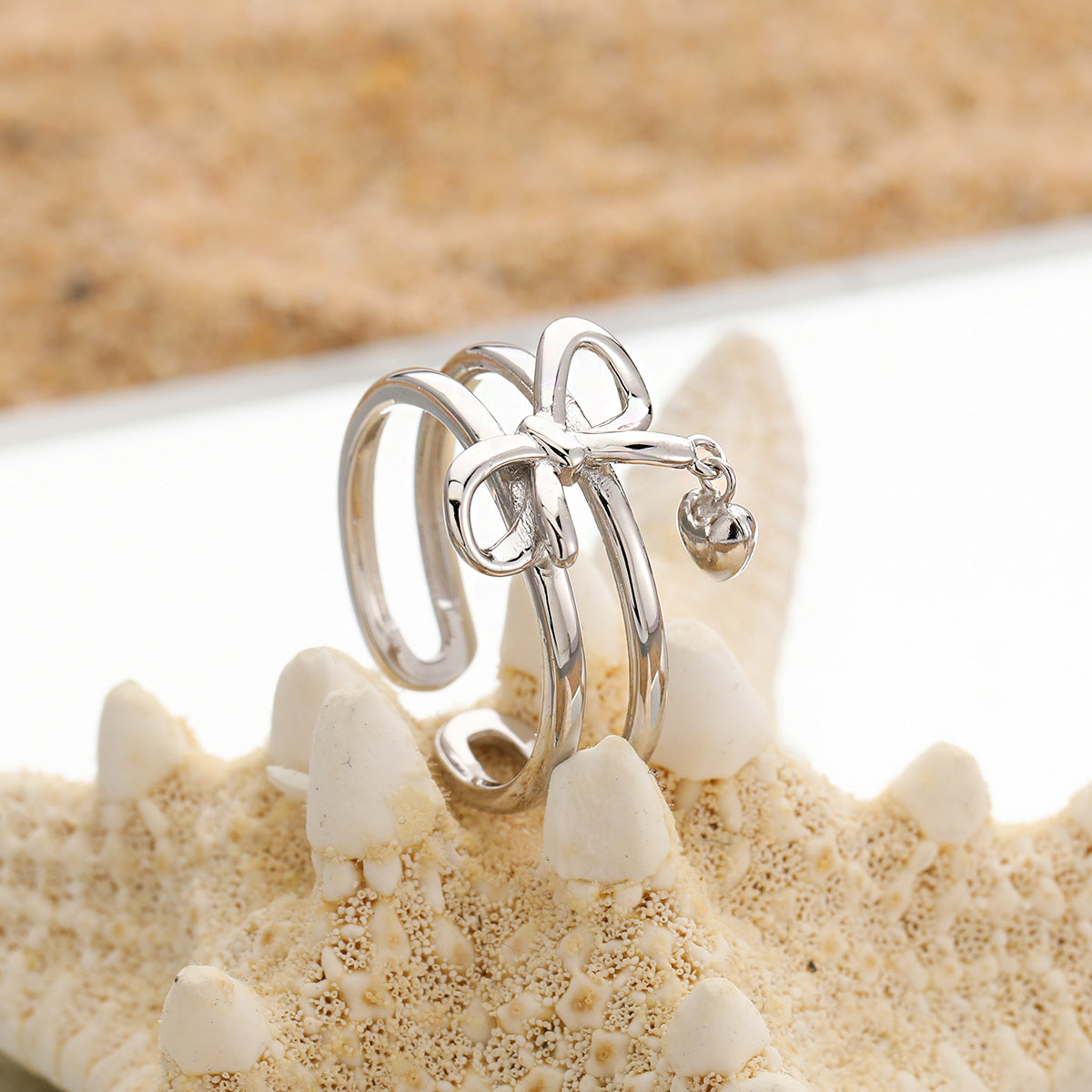 New Double Band Adjustable Bowknot Heart Charm 925 Sterling Silver Fashionable Women's Ring