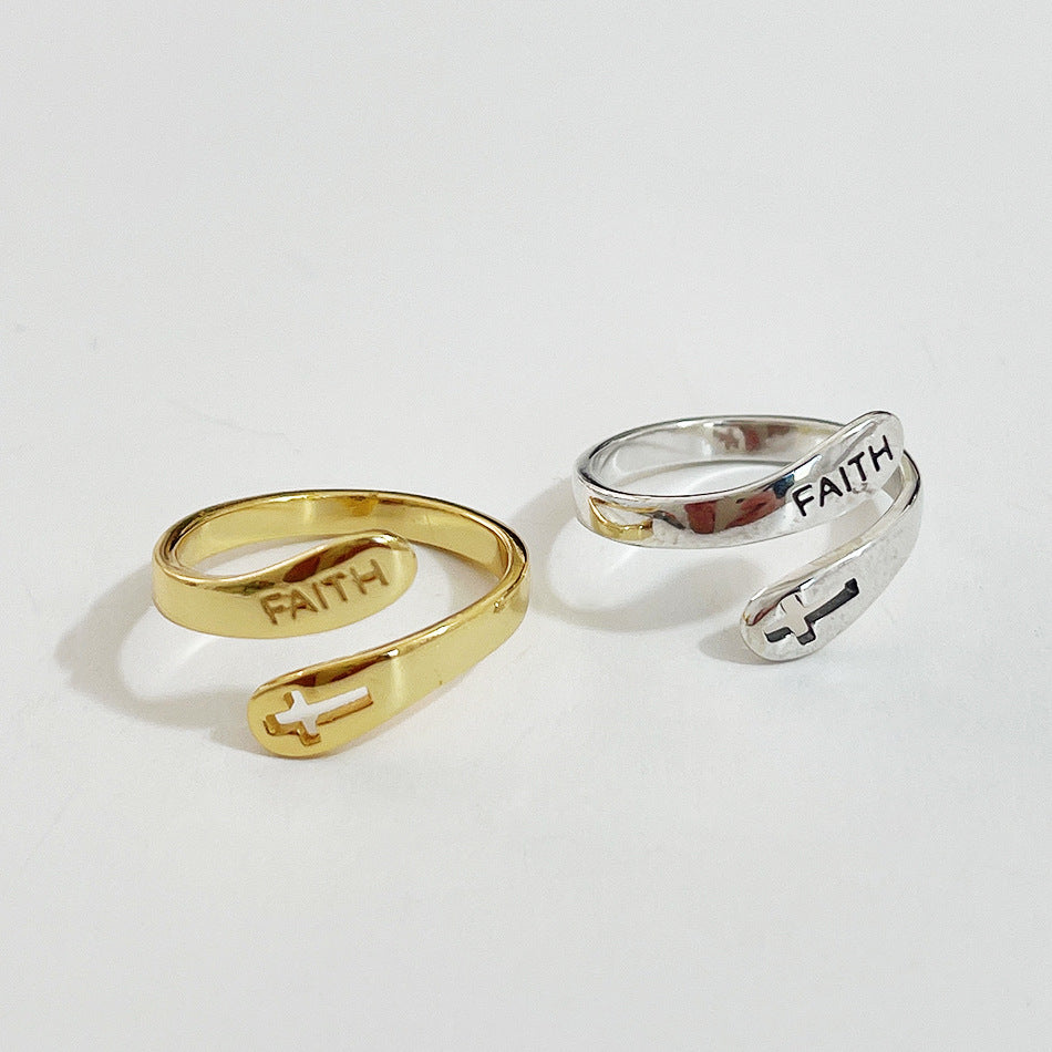 Anillo abierto con cruz y letra de fe religiosa minimalista para mujer, vintage, de plata esterlina 925 ajustable