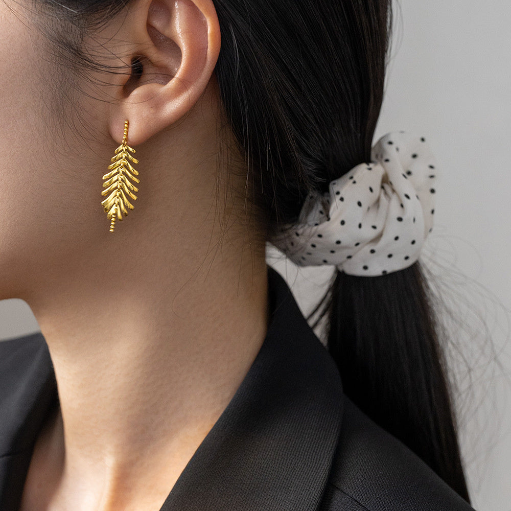 Leaf Shape Pure Metal S925 Sterling Silver Drop Earrings