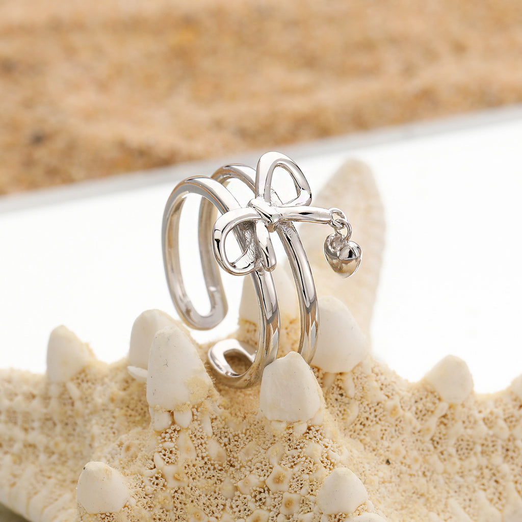 New Double Band Adjustable Bowknot Heart Charm 925 Sterling Silver Fashionable Women's Ring