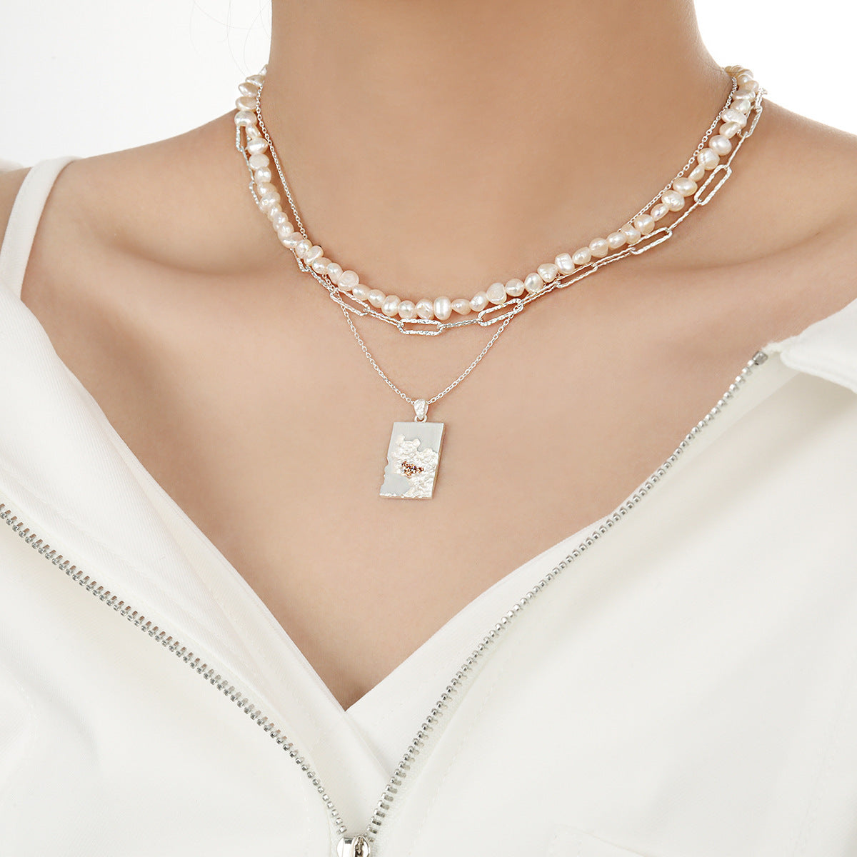 Unique Geometric Design Cubic Zirconia Textured Silver 925 Sterling Silver Pendant Necklace