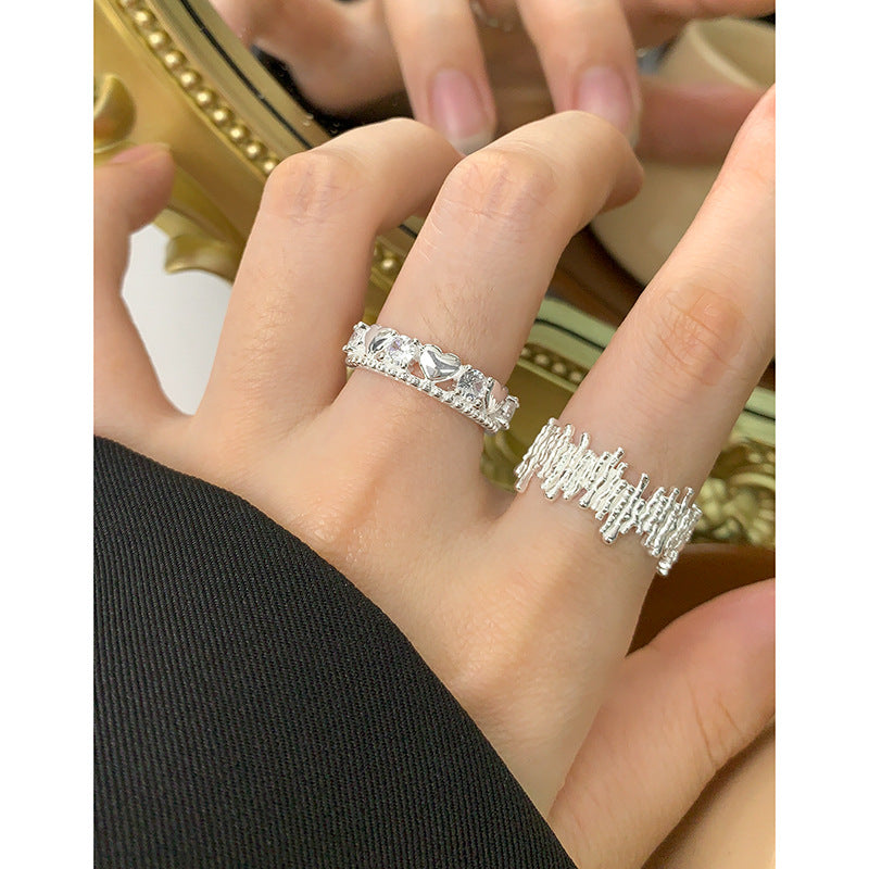 Unique Geometric Textured Wood Grain Pattern Adjustable 925 Sterling Silver Ring