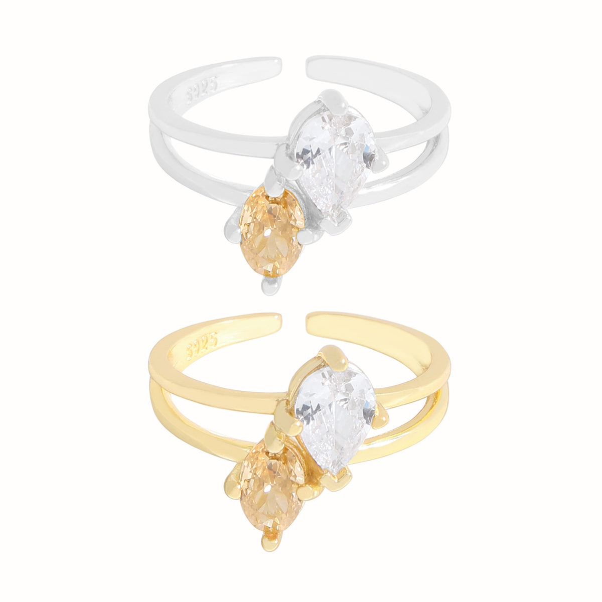 Women Elegant Champagne Color White Oval Waterdrop CZ 925 Sterling Silver Adjustable Ring
