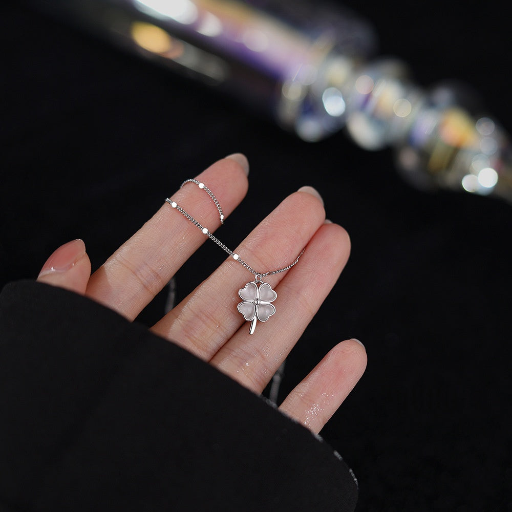 Elegant Four Leaf Clover White Cat Eye Stone 925 Sterling Silver Necklace Fashionable Light Luxury Design for Women Office Daily Wear