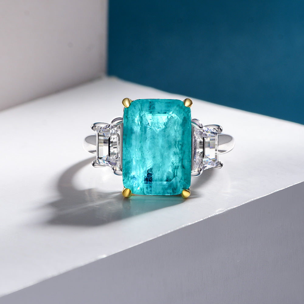 Anillo de tres piedras de plata esterlina 925 con zafiro sintético azul Paraíba rectangular