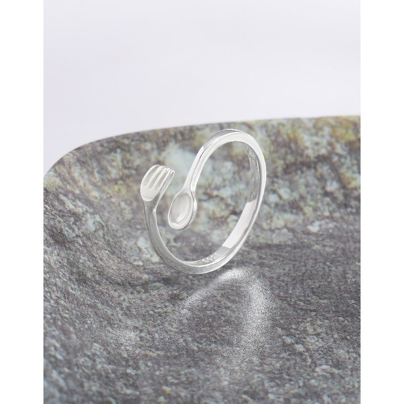 Unique Fork and Spoon Design Adjustable Pure 925 Sterling Silver Open Ring