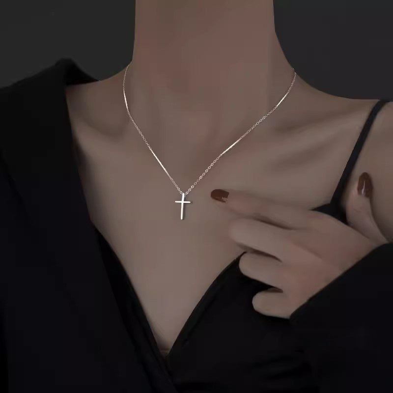 Minimalist Cross Pendant Necklace  925 Sterling Silver Geometric Chain Necklace