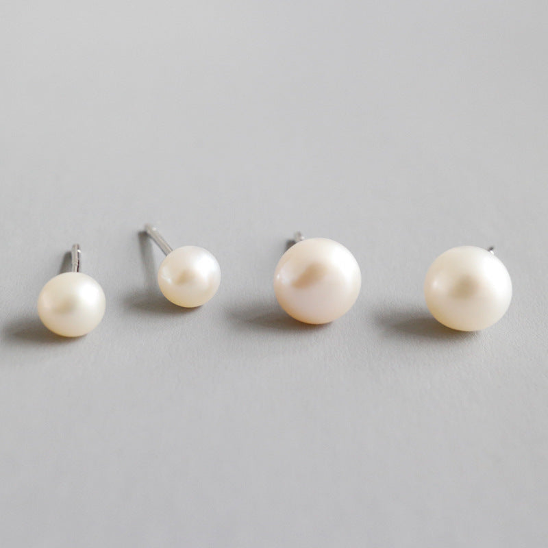 Elegant Minimalist Geometric Design Natural Freshwater Pearl 925 Sterling Silver Stud Earrings