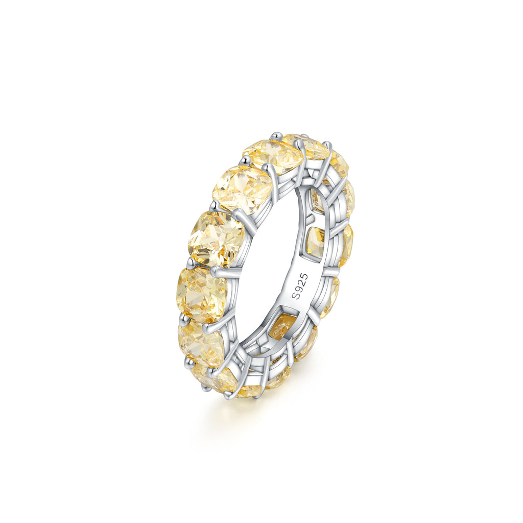 Anillo de plata esterlina 925 de banda completa con circonia en corte cojín color amarillo claro