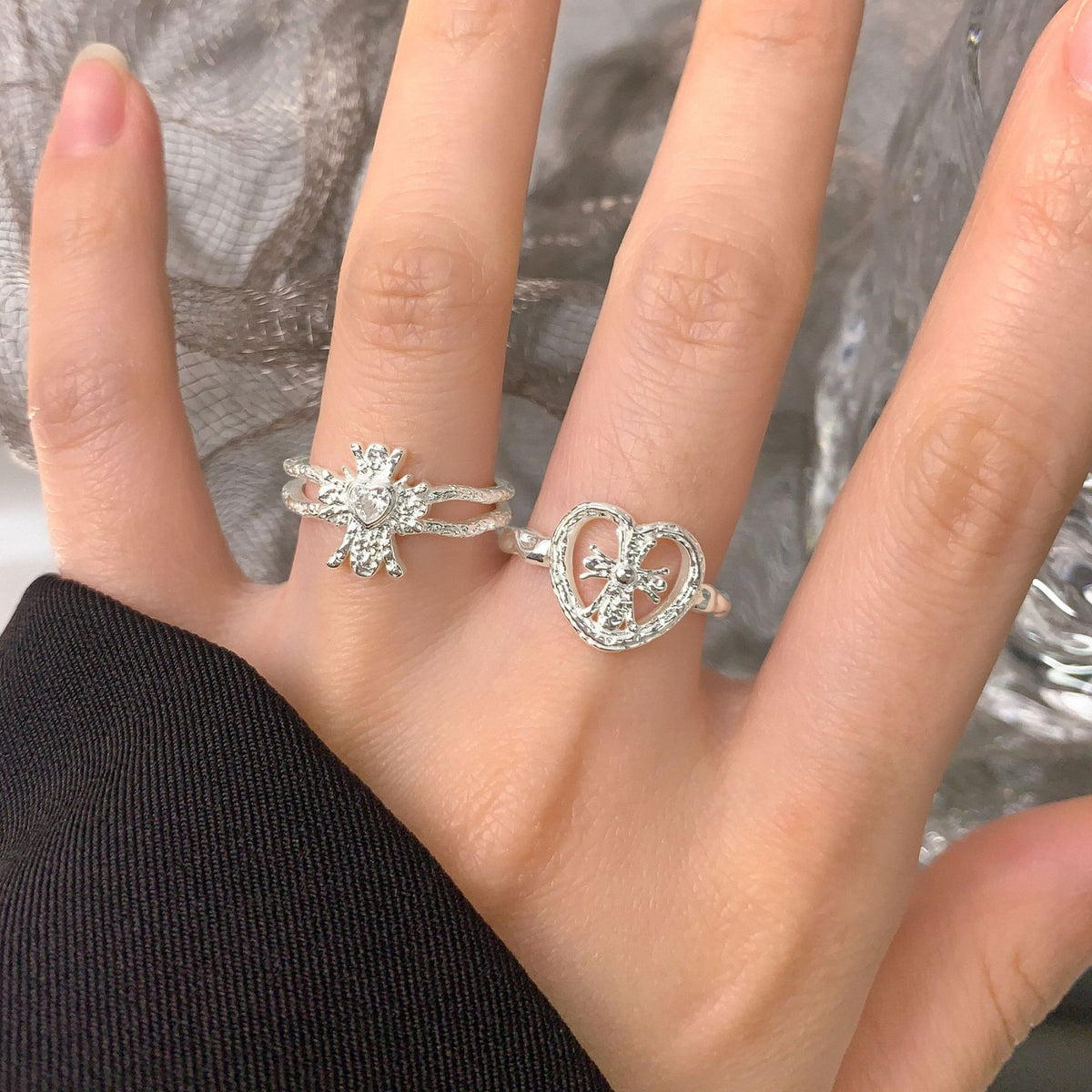 Party Irregular Heart CZ 925 Sterling Silver Adjustable Ring