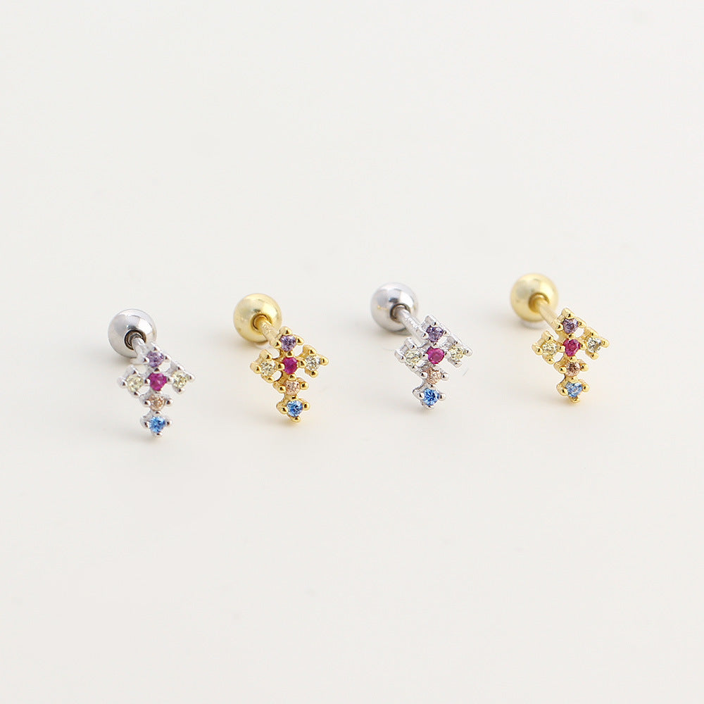 Pendientes de botón de plata de ley 925 con piedras de zirconia cúbica multicolor en forma de cruz