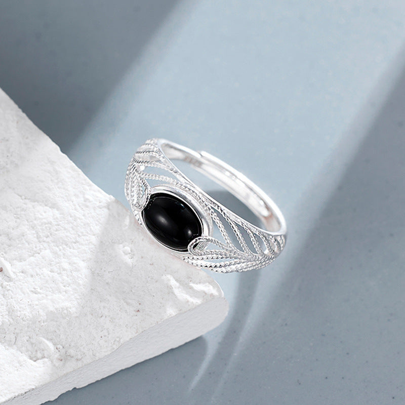 Geometric U-Shape Black Onyx Open Adjustable 925 Sterling Silver Ring