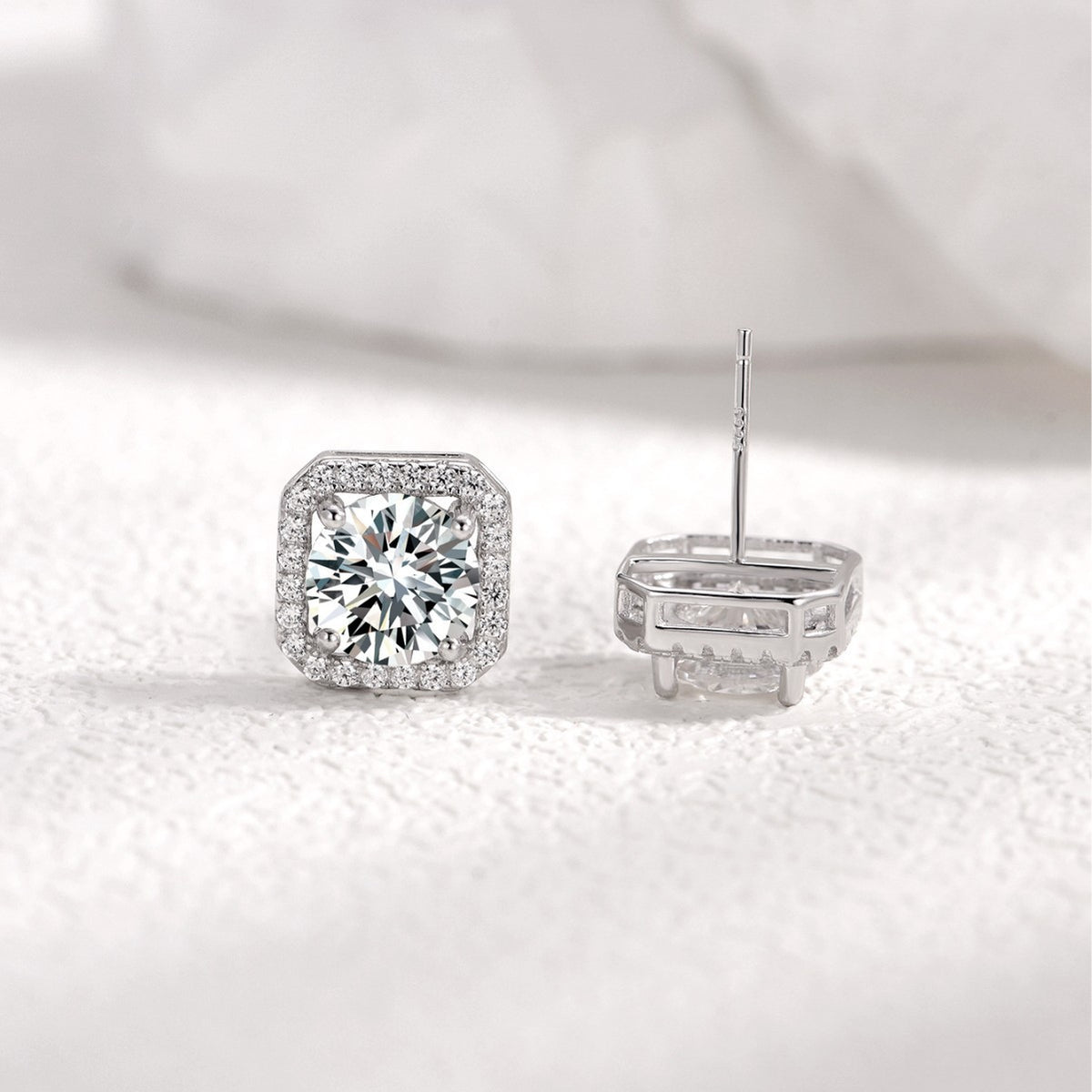 Square Halo Moissanite Stud Earrings  925 Sterling Silver Geometric Ear Stud Earrings