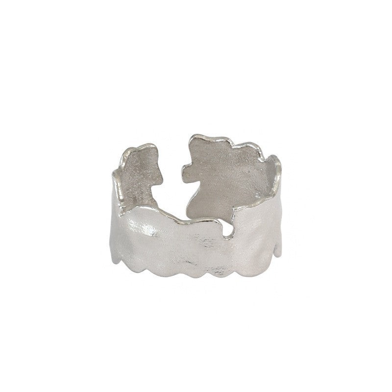 Pure Metal Irregular Textured Geometric Open Adjustable Ring In S925 Sterling Silver With Matte Wavy Wide Band Design For Women Modern Minimalist Fashion Statement Jewelry Gift