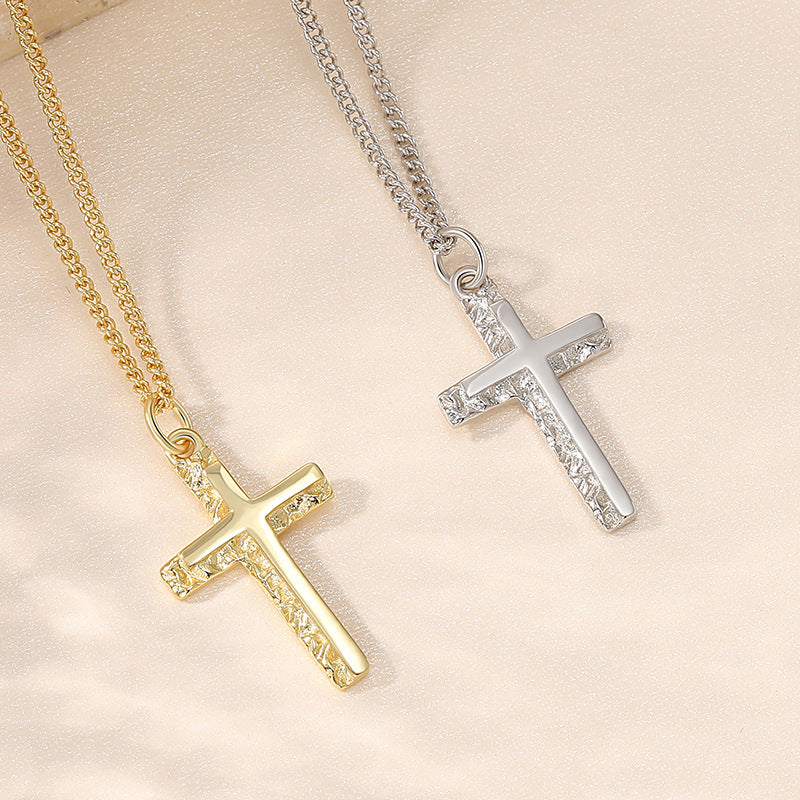 Elegant Unique Textured Design in 925 Sterling Silver Cross Pendant Necklace