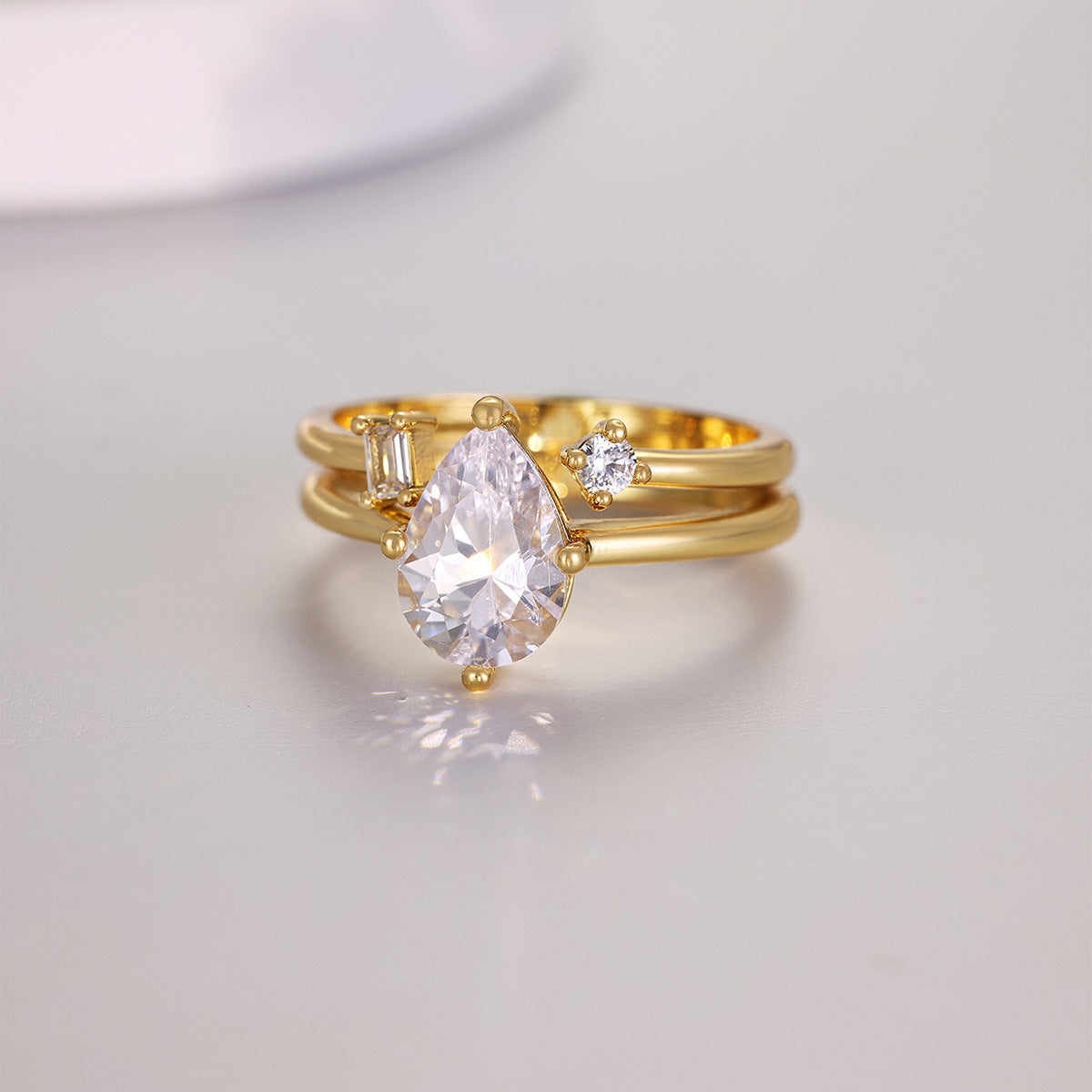 Pear Shape Moissanite Stack Ring Set S925 Sterling Silver Double Band Ring With Round And Baguette Accent Stones White Gold Tone Or Yellow Gold Elegant Fashion Jewelry For Women