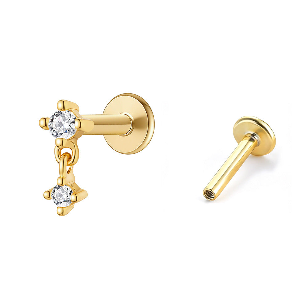 Double Round Cubic Zirconia 925 Sterling Silver Internal Thread Flat Back Cartilage Dangle Ear Stud Earrings (Single)