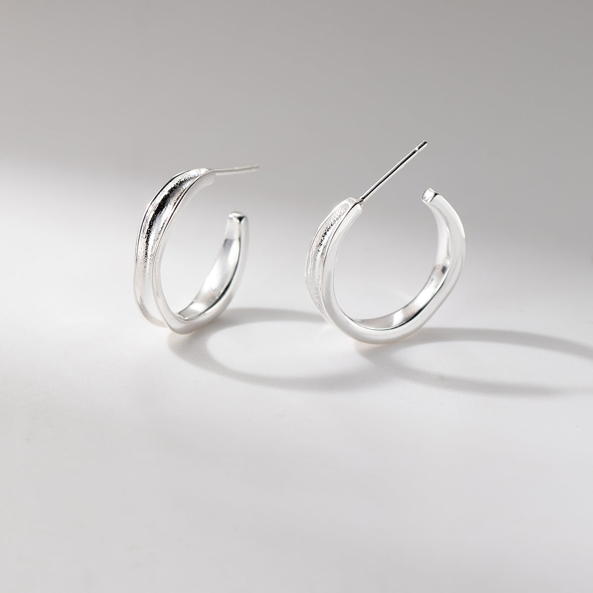 Silver Concave Geometric C S925 Sterling Silver Shape Hoop Earrings