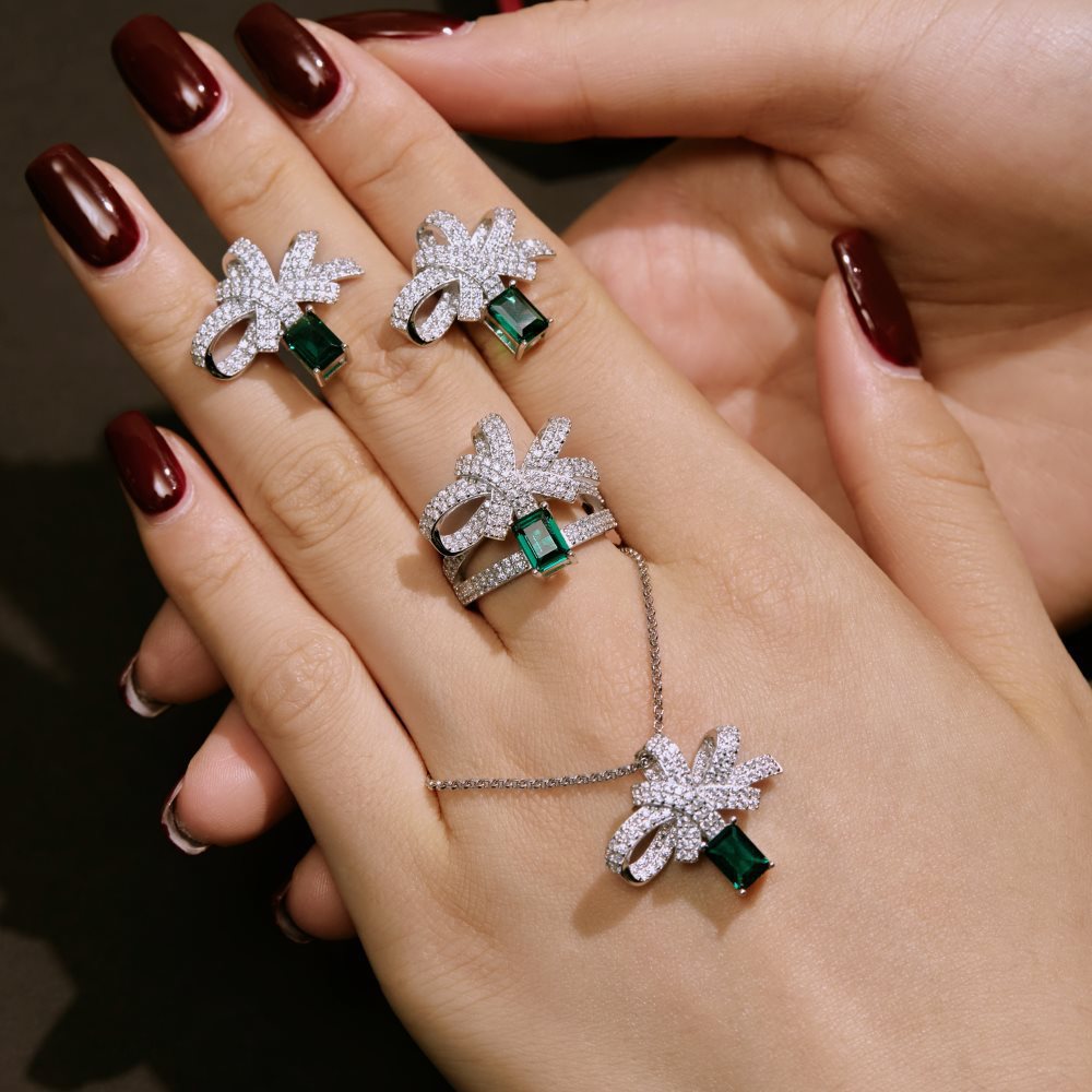 Women Elegant Baguette Green CZ Bow-knot 925 Sterling Silver Necklace Ring Stud Earrings