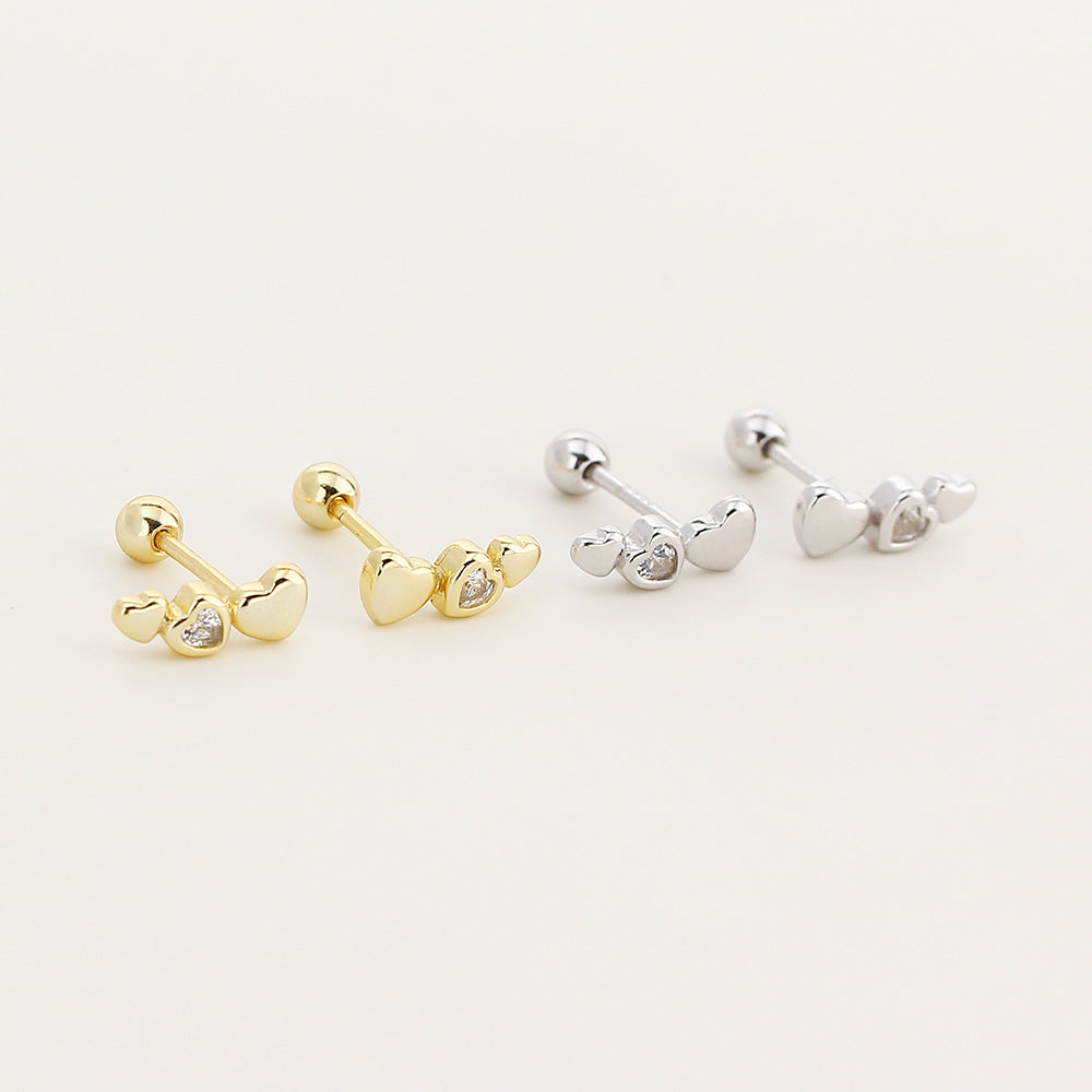 Pendientes de botón de plata S925 con triple corazón de circonia cúbica, estilo moderno minimalista para uso diario