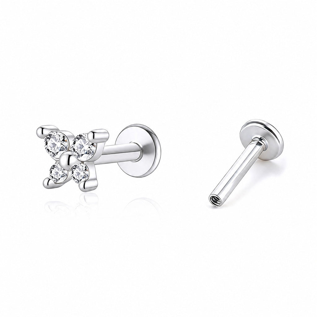 Butterfly Cubic Zirconia 925 Sterling Silver Internal Thread Flat Back Cartilage Earrings (Single)