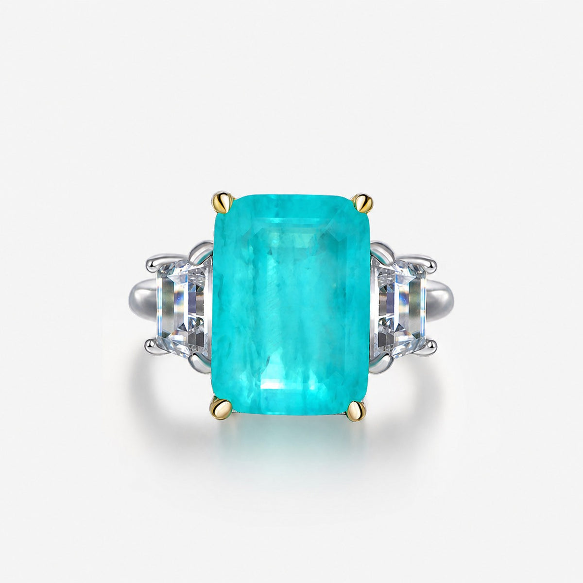 Anillo de tres piedras de plata esterlina 925 con zafiro sintético azul Paraíba rectangular