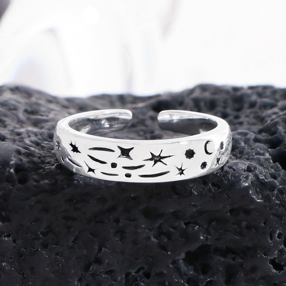 Holiday Black Star Moon Graffiti 925 Sterling Silver Adjustable Satcker Ring